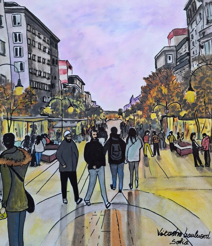 Sofia Boulevard — Travel Watercolor Travel watercolor painting of Sofia Boulevard with city lights, walking figures and autumn trees.