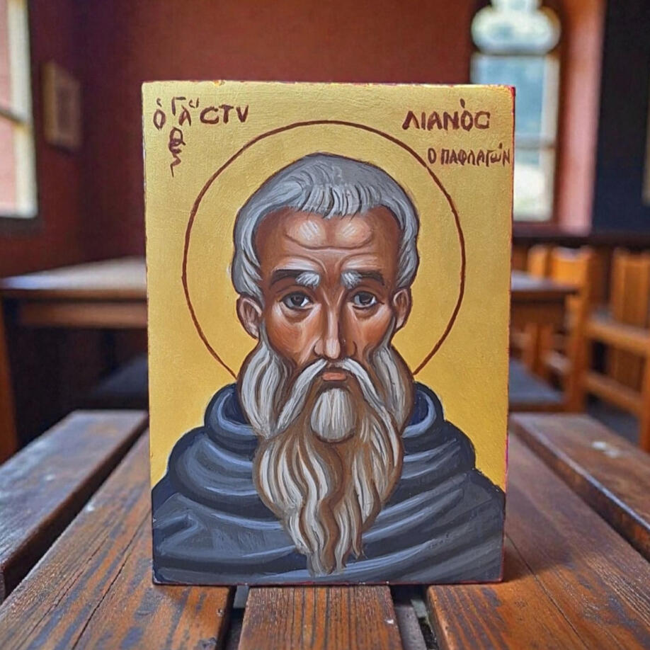 Gaia Verde — Copper Stone Bracelet Hand-painted Byzantine icon of Saint Stylianos in egg tempera on marine plywood, with a gold-toned background.