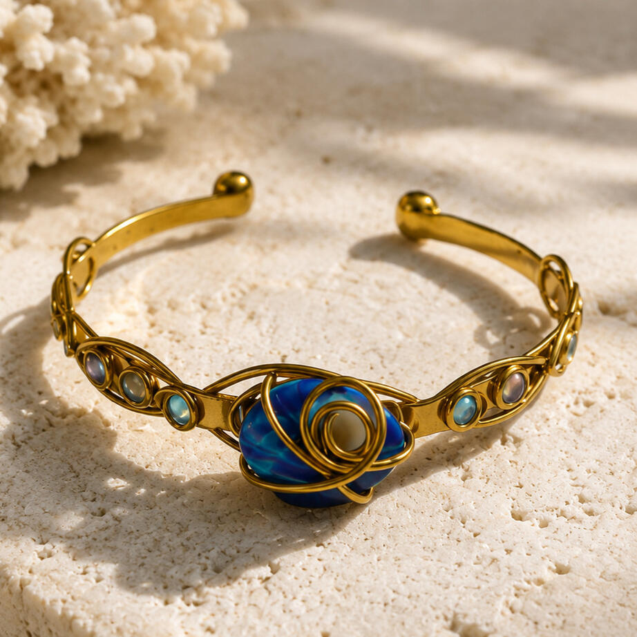 Aegean Orbit brass cuff bracelet Handcrafted brass cuff bracelet with blue mother of pearl, Aegean Orbit, created as a personal gift for the EuroTour Atelier by Yannis portfolio.